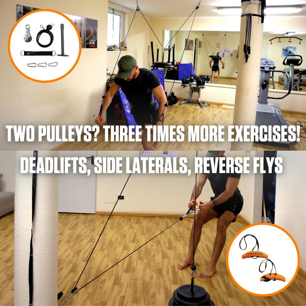 A man maximizing his workout routine using an A90 Cable Pulley for a variety of exercises including deadlifts, side laterals, and reverse flys in a well-equipped gym.