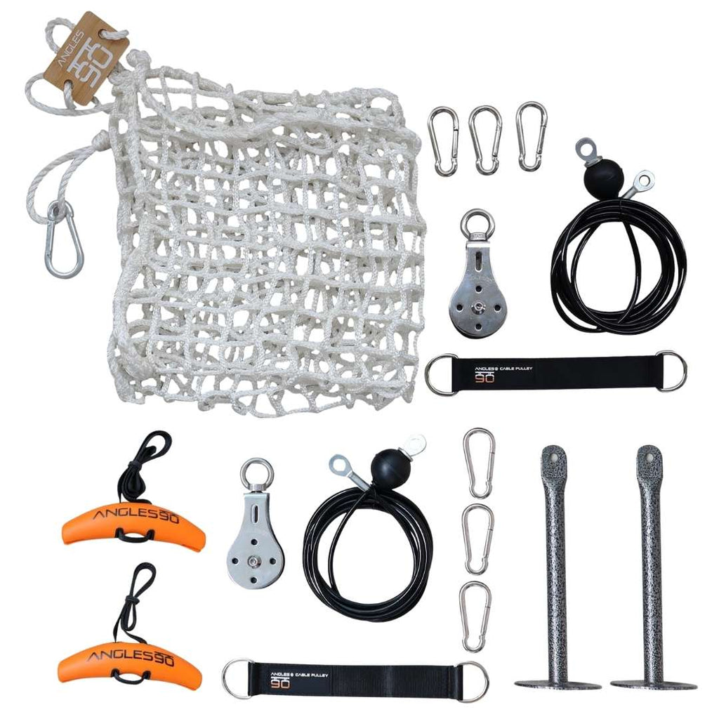 A collection of climbing gear including a chalk bag, carabiners, A90 Cable Pulley Set, rope, a harness strap and hand grips, arranged neatly on a white background.