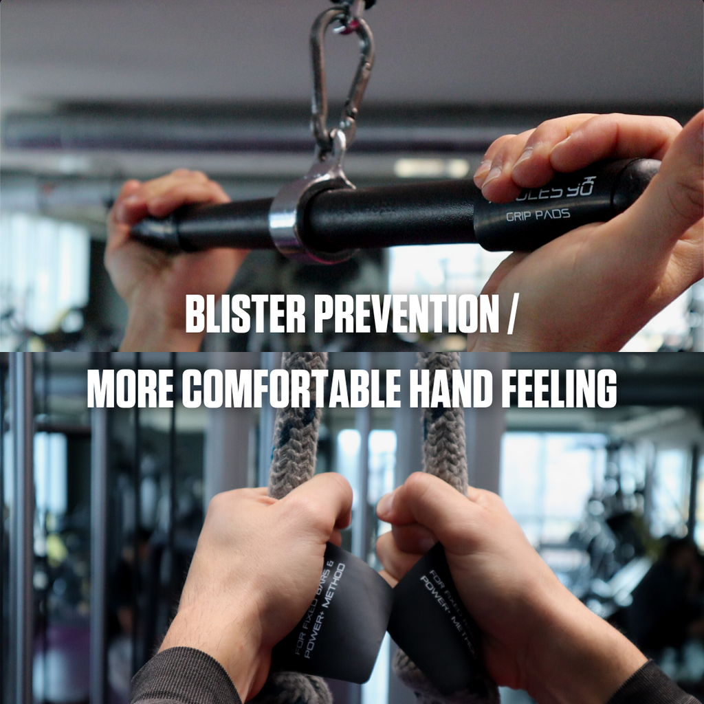 A fitness enthusiast using A90 Grip Pads while doing cable pulldowns to prevent blisters and enhance hand comfort during their workout.