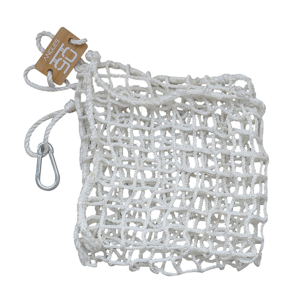 An empty white A90 Homemade Weight reusable shopping bag with a wooden tag attached to one of the loops by a carabiner, isolated on a white background.