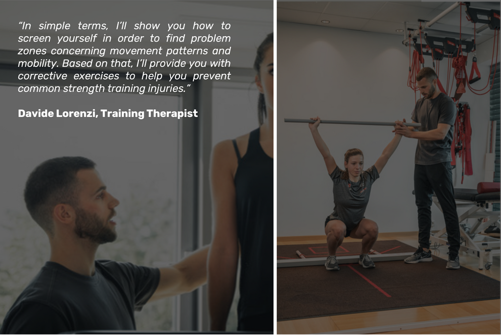 A90 Prehab: Self-Screening & Corrective Exercises (Video Course) attentively guiding a client through a squat exercise to improve movement patterns and ensure injury prevention as part of a customized training program.